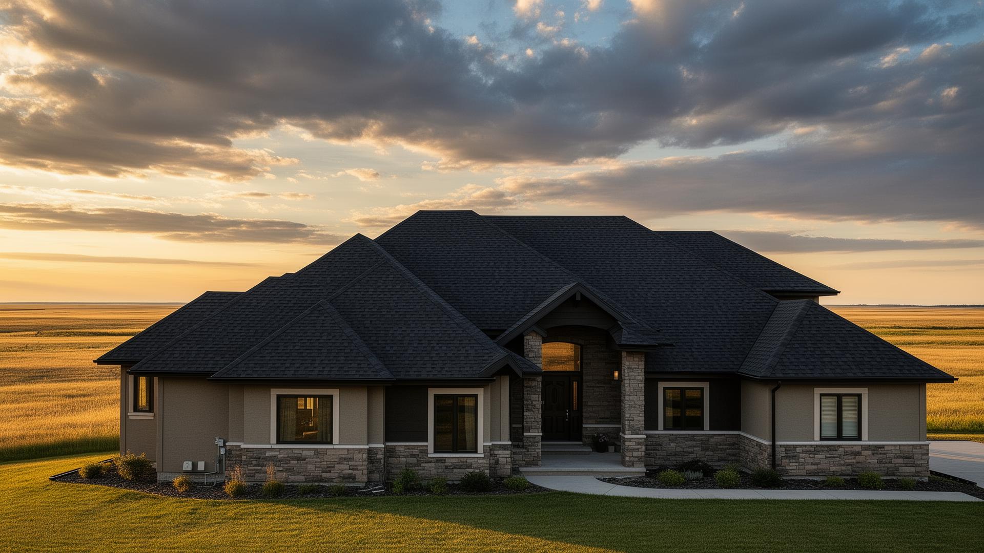 Aerial view of a freshly shingled residential home on the Saskatchewan prairie